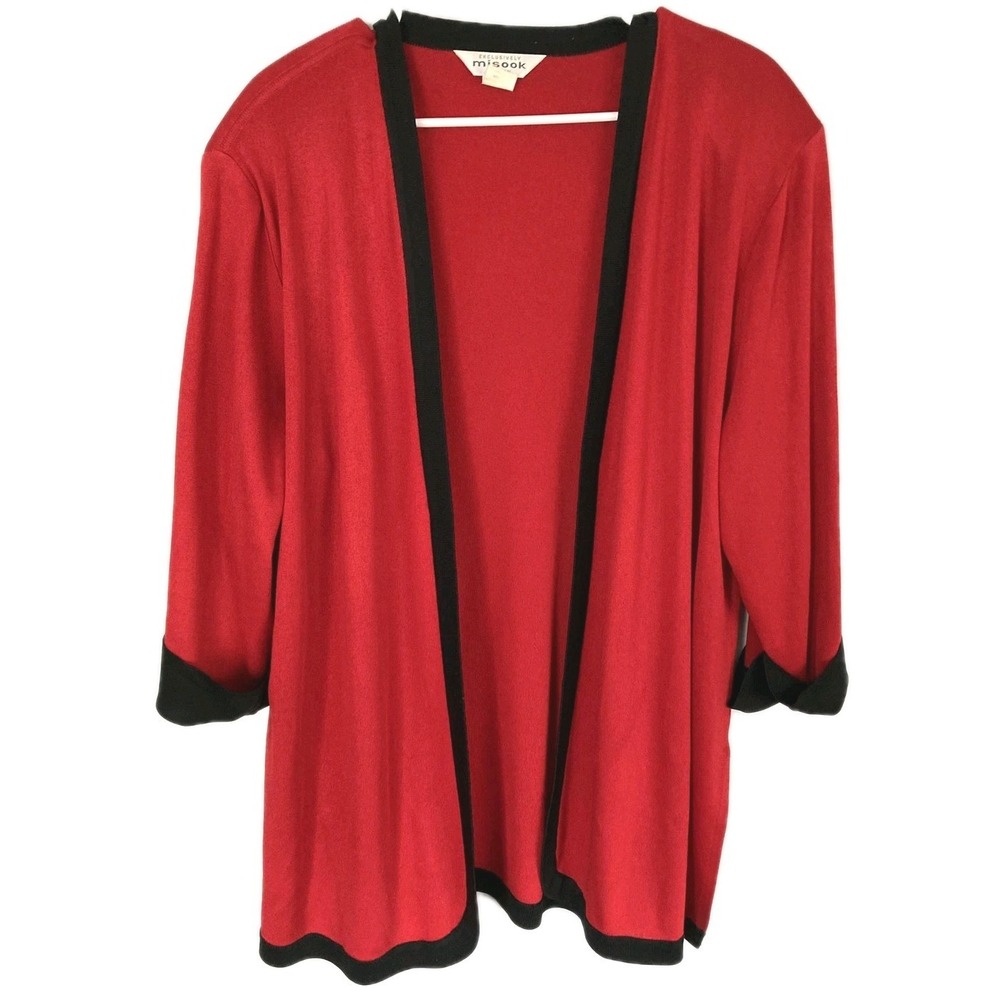Misook Cardigan Sweater Women 1X Red Black Trim 3/4 Sleeve Open Knit Plus Rayon